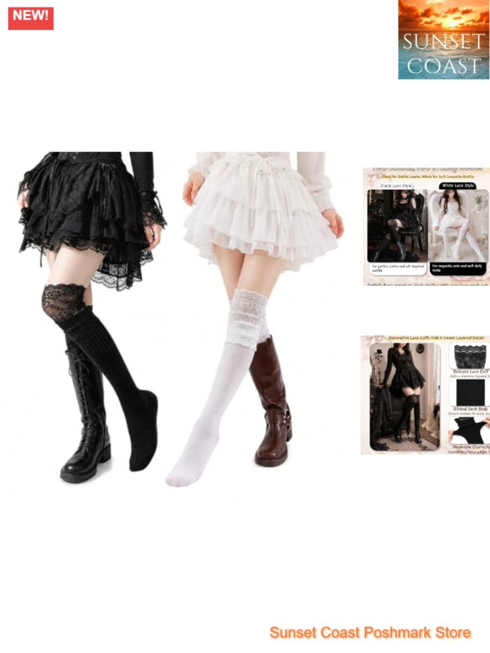 Lace Knee High Socks Cotton Polyester Floral Cuff Boot Socks